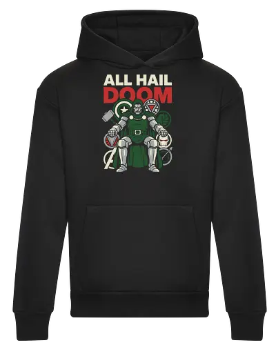 All Hail Doom - all hail doom shirt, doctor doom throne t-shirt, latveria sovereign apparel, comic book villain graphic tee, victor von doom clothing, retro villain propaganda top, defeated heroes design, monarch of latveria shirt, supervillain streetwear, geek culture fashion, armored villain art, comic lore t-shirt, sovereign on throne graphic, iconic villain merch, doctor doom fan gift, villainous pop art, master of sorcery shirt, comic book royalty apparel, powerful villain silhouette - Heavyweight Hoodie
