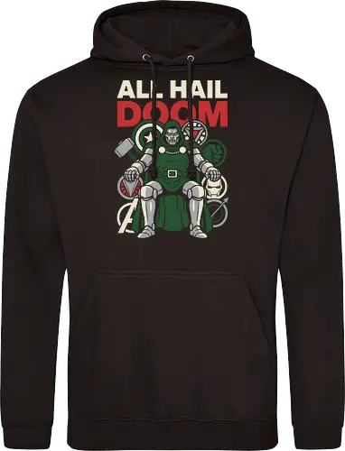 All Hail Doom - all hail doom shirt, doctor doom throne t-shirt, latveria sovereign apparel, comic book villain graphic tee, victor von doom clothing, retro villain propaganda top, defeated heroes design, monarch of latveria shirt, supervillain streetwear, geek culture fashion, armored villain art, comic lore t-shirt, sovereign on throne graphic, iconic villain merch, doctor doom fan gift, villainous pop art, master of sorcery shirt, comic book royalty apparel, powerful villain silhouette - Standard Hoodie