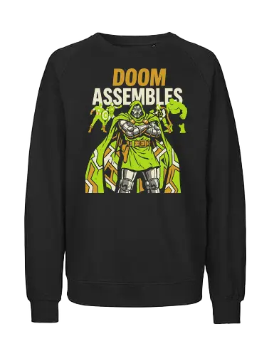 Doom Assembles - doom assembles shirt, doctor doom t-shirt, latveria sovereign apparel, comic book villain graphic tee, victor von doom clothing, defeated heroes design, supervillain streetwear, lime green comic art top, vector villain illustration, anti-hero fan merch, geek culture fashion, iron man and captain america parody, monarch of latveria shirt, iconic villain t-shirt, retro comic book aesthetic, master of sorcery apparel, powerful villain silhouette, villainous pop art, comic lore merch - Fairtrade Sweatshirt