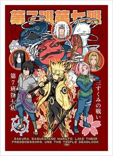 Team 7 - anime, village, attack, anime battle art, ninja determination, shonen anime, anime power, ninja style, anime fan design, manga inspired art - Artprint