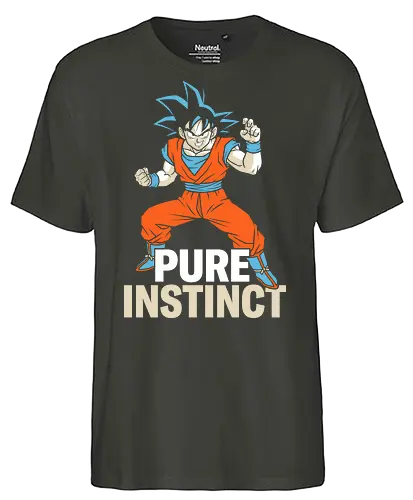 Pure Instinct - power up anime top, pure instinct shirt, ultra power warrior t-shirt, goku inspired graphic tee, blue hair anime apparel, orange gi martial arts design, minimalist anime streetwear, shonen hero transformation top, cosmic battle graphic shirt, zen state fighter clothing, retro anime fan gift, high contrast warrior art, japanese pop culture apparel, martial arts training tee, legendary saiyan streetwear, anime silhouette t-shirt, battle ready hero design, sleek otaku fashion, shonen jump fan merch - Fairtrade T-Shirt