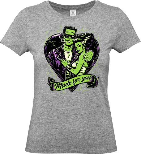 Frankenstein Monster Love - Science Fiction, Science, Halloween, Frankenstein, Bride Of Frankenstein, Bride, Cool, Couple, Love, Monsters, Monster, Spooky, Classic Horror, Horror, Gothic Horror, Folk Horror, Movies, Movie, Classic, Cult Classic, Creepy, Scary, Valentine's Day, Valentines Day, Valentines, Valentine - Standard T-Shirt (Women)