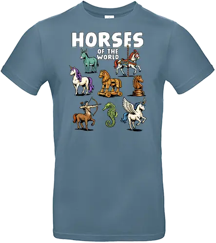Horses of the World - pegasus, horse, carouosel horse, centaur, chess knight, donkey, equestrian, horse lover, horse riding, horses, mythical, sarcastic, seahorse, trojan horse, unicorn - Standard T-Shirt