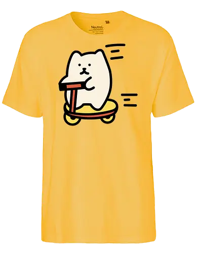 Weiße Katze reitet - Schnell, Geschwindigkeit, Katze, Weiß, Tier, Gelb, Glücklich, Schlafen, Niedlich, Katzen, Niedliche Katze, Niedliche Katzen, Voll, Fanart, Fahrten - Fairtrade T-Shirt