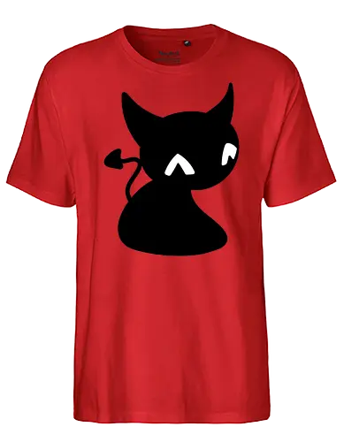 Niedliche Teufelskatze - Kalt, Gemütlich, Katze, Schwarz, Tier, Niedlich, Lustig, Freund, Pixel, Spaß, Fürsorge, Haustier, Teufel, Fanart, Warm - Fairtrade T-Shirt
