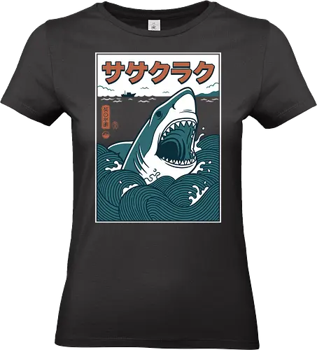The Great Wave of Jaws - traditional japanese shark art, cool nautical graphic shirt, ukiyo-e jaws parody, great white shark shirt, japanese shark t-shirt, ukiyo-e wave graphic tee, jaws movie parody apparel, hokusai wave shark design, retro shark attack clothing, japanese ocean art t-shirt, vintage sea monster top, shark in waves graphic, teal and orange nautical shirt, kanji shark t-shirt, great white sea art merch, aesthetic shark streetwear, japanese woodblock style tee, marine predator apparel, shark fan gift - Standard T-Shirt (Women)