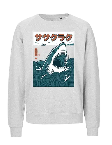 The Great Wave of Jaws - traditional japanese shark art, cool nautical graphic shirt, ukiyo-e jaws parody, great white shark shirt, japanese shark t-shirt, ukiyo-e wave graphic tee, jaws movie parody apparel, hokusai wave shark design, retro shark attack clothing, japanese ocean art t-shirt, vintage sea monster top, shark in waves graphic, teal and orange nautical shirt, kanji shark t-shirt, great white sea art merch, aesthetic shark streetwear, japanese woodblock style tee, marine predator apparel, shark fan gift - Fairtrade Sweatshirt