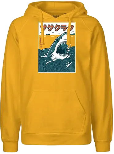 The Great Wave of Jaws - traditional japanese shark art, cool nautical graphic shirt, ukiyo-e jaws parody, great white shark shirt, japanese shark t-shirt, ukiyo-e wave graphic tee, jaws movie parody apparel, hokusai wave shark design, retro shark attack clothing, japanese ocean art t-shirt, vintage sea monster top, shark in waves graphic, teal and orange nautical shirt, kanji shark t-shirt, great white sea art merch, aesthetic shark streetwear, japanese woodblock style tee, marine predator apparel, shark fan gift - Fairtrade Hoodie