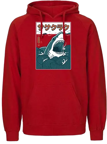 The Great Wave of Jaws - traditional japanese shark art, cool nautical graphic shirt, ukiyo-e jaws parody, great white shark shirt, japanese shark t-shirt, ukiyo-e wave graphic tee, jaws movie parody apparel, hokusai wave shark design, retro shark attack clothing, japanese ocean art t-shirt, vintage sea monster top, shark in waves graphic, teal and orange nautical shirt, kanji shark t-shirt, great white sea art merch, aesthetic shark streetwear, japanese woodblock style tee, marine predator apparel, shark fan gift - Fairtrade Hoodie