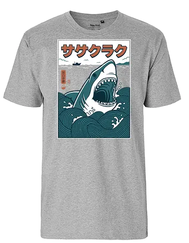 The Great Wave of Jaws - traditional japanese shark art, cool nautical graphic shirt, ukiyo-e jaws parody, great white shark shirt, japanese shark t-shirt, ukiyo-e wave graphic tee, jaws movie parody apparel, hokusai wave shark design, retro shark attack clothing, japanese ocean art t-shirt, vintage sea monster top, shark in waves graphic, teal and orange nautical shirt, kanji shark t-shirt, great white sea art merch, aesthetic shark streetwear, japanese woodblock style tee, marine predator apparel, shark fan gift - Fairtrade T-Shirt