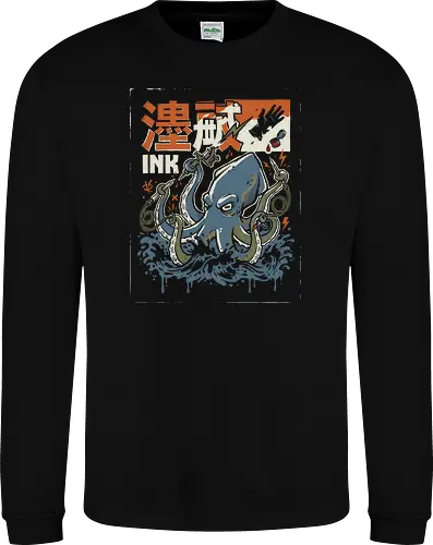 The Ink Master - blue and orange graphic tee, tattoo parlor fan merch, illustrative squid design, tattooist gift shirt, retro japanese woodblock art, tattoo squid shirt, octopus tattoo artist t-shirt, japanese ink master apparel, ukiyo-e wave graphic tee, vintage tattoo culture clothing, giant squid artist design, traditional japanese art t-shirt, tattoo machine graphic top, nautical tattoo streetwear, ocean artist apparel, kanji tattoo shirt, aquatic tattooist streetwear, creative octopus apparel, ink addict t-shirt - Sweatshirt