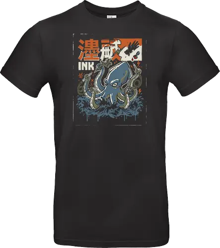 The Ink Master - blue and orange graphic tee, tattoo parlor fan merch, illustrative squid design, tattooist gift shirt, retro japanese woodblock art, tattoo squid shirt, octopus tattoo artist t-shirt, japanese ink master apparel, ukiyo-e wave graphic tee, vintage tattoo culture clothing, giant squid artist design, traditional japanese art t-shirt, tattoo machine graphic top, nautical tattoo streetwear, ocean artist apparel, kanji tattoo shirt, aquatic tattooist streetwear, creative octopus apparel, ink addict t-shirt - Standard T-Shirt