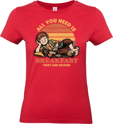 Breakfast Food Movie - Cheese, Apple, Jelly, Breakfast, Second Breakfast, Fast Food, Food, Eat, Eating, Movie, Classic, Retro Vintage, Vintage, Retro, Fantasy, Medieval, Adventure, Middle Earth, Middle Age, Magic, Magical Creatures, Magical, Delicious, Bread, Croissant, Fruits, Fruit, Eggs, Egg, Bacon - Standard T-Shirt (Women)