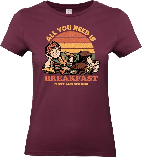 Breakfast Food Movie - Cheese, Apple, Jelly, Breakfast, Second Breakfast, Fast Food, Food, Eat, Eating, Movie, Classic, Retro Vintage, Vintage, Retro, Fantasy, Medieval, Adventure, Middle Earth, Middle Age, Magic, Magical Creatures, Magical, Delicious, Bread, Croissant, Fruits, Fruit, Eggs, Egg, Bacon - Standard T-Shirt (Women)