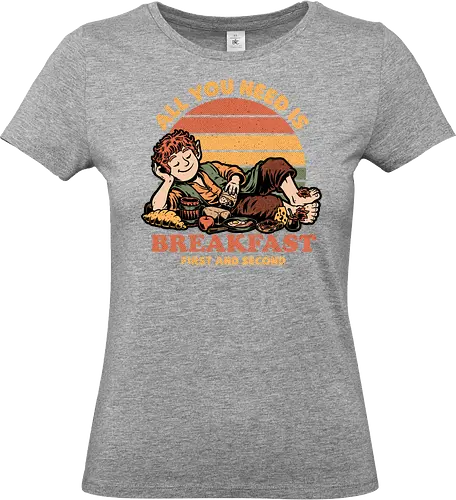 Breakfast Food Movie - Cheese, Apple, Jelly, Breakfast, Second Breakfast, Fast Food, Food, Eat, Eating, Movie, Classic, Retro Vintage, Vintage, Retro, Fantasy, Medieval, Adventure, Middle Earth, Middle Age, Magic, Magical Creatures, Magical, Delicious, Bread, Croissant, Fruits, Fruit, Eggs, Egg, Bacon - Standard T-Shirt (Women)