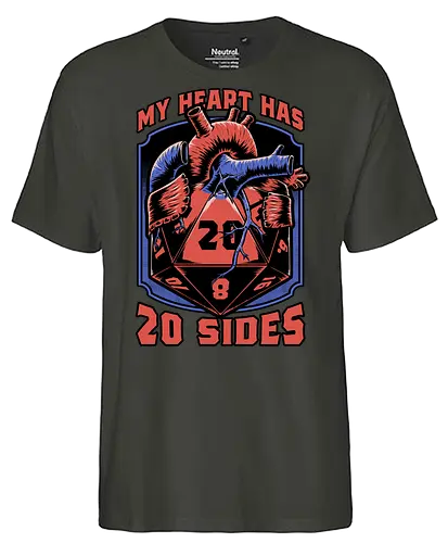 RPG d20 Dice Heart - Anatomy, Anatomic, Game, Game Master, Tabletop Game, Rpg, Role-play, Role-playing, Role-playing Game, Roleplay, Dungeon, Dungeon Master, Dungeons, D20, Pen and Paper, Dice, Heart, Human, Fantasy, Adventure, Biology, Tabletop - Fairtrade T-Shirt
