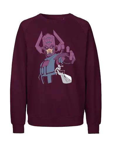 World Eater Cosmic Overlord Minimalist Comic Graphic - purple and navy superhero shirt, high contrast comic art, legendary villain apparel, world eater shirt, galactic titan t-shirt, cosmic overlord graphic tee, silver herald apparel, purple comic villain design, minimalist superhero streetwear, space god clothing, comic book fan gift, cosmic herald t-shirt, planet eater graphic, retro comic aesthetic top, sci-fi comic fan merch, sleek geek culture clothing, celestial being t-shirt, cosmic power graphic tee, modern vector comic shirt - Fairtrade Sweatshirt