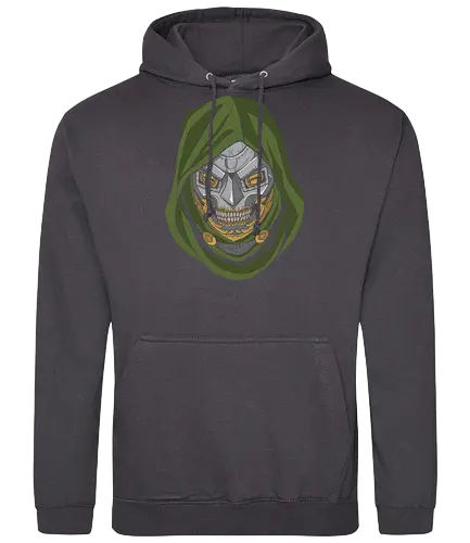 Iron Monarch Victorious Overlord - master strategist clothing, iron monarch shirt, armored villain t-shirt, victor von doom inspired apparel, green hooded overlord design, classic comic book villain graphic tee, metal mask streetwear, sorcerer sovereign clothing, retro comic aesthetic top, forest green and gold graphic shirt, minimalist comic art apparel, legendary antagonist t-shirt, tech-magic warrior merch, sovereign ruler streetwear, high-contrast villain portrait, geek culture fashion, vintage comic style top, metallic mask graphic tee, powerful sorcerer apparel - Standard Hoodie