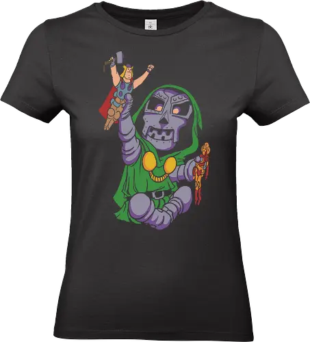 Tiny Tyrant - chibi antagonist merch, cute iron mask design, comic fan gift, whimsical villain art, armored ruler graphic tee, tiny tyrant shirt, chibi comic villain t-shirt, cute doctor doom inspired apparel, baby overlord graphic tee, playing with action figures design, kawaii comic book clothing, funny villain t-shirt, retro comic aesthetic top, hooded sorcerer graphic, green and purple comic shirt, nerdy parody apparel, miniature heroes art, toy box tyrant t-shirt, geek culture streetwear - Standard T-Shirt (Women)
