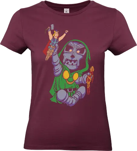 Tiny Tyrant - chibi antagonist merch, cute iron mask design, comic fan gift, whimsical villain art, armored ruler graphic tee, tiny tyrant shirt, chibi comic villain t-shirt, cute doctor doom inspired apparel, baby overlord graphic tee, playing with action figures design, kawaii comic book clothing, funny villain t-shirt, retro comic aesthetic top, hooded sorcerer graphic, green and purple comic shirt, nerdy parody apparel, miniature heroes art, toy box tyrant t-shirt, geek culture streetwear - Standard T-Shirt (Women)