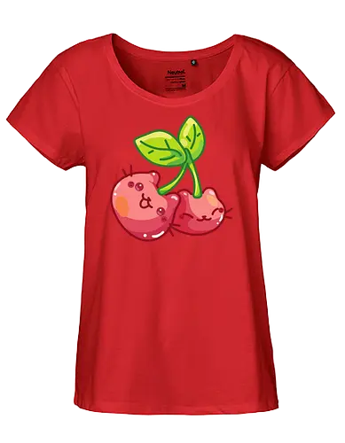 Gatos Cereza Adorables - Gato, Blanco, Animal, Gatito, Rojo, Rosa, Lindo, Hogar, Mascota, Arte de fan, Cereza, Antiestrés - Fairtrade Girl Shirt