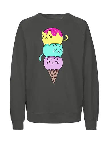 Gatos en Helado - Gato, Animal, Amarillo, Azul, Gatito, Rosa, Morado, Gatos, Verano, Gato Lindo, Diseño, Fanart, Delicioso, Frutas, Cono, Felino, Jardín, Gato de Jugo, Helado - Fairtrade Sweatshirt