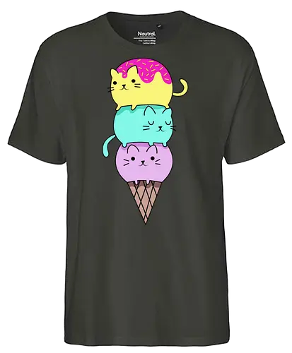 Gatos en Helado - Gato, Animal, Amarillo, Azul, Gatito, Rosa, Morado, Gatos, Verano, Gato Lindo, Diseño, Fanart, Delicioso, Frutas, Cono, Felino, Jardín, Gato de Jugo, Helado - Fairtrade T-Shirt