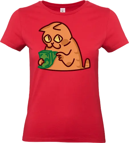 Gato contando dinero - Gato, Animal, Amarillo, Verde, Gatito, Efectivo, Dinero, Gatos, Naranja, Gato lindo, Diseño, Contando, Rico, Arte de fan, Felino, Jardín, Gato de jugo, Facturas - Standard T-Shirt (Women)