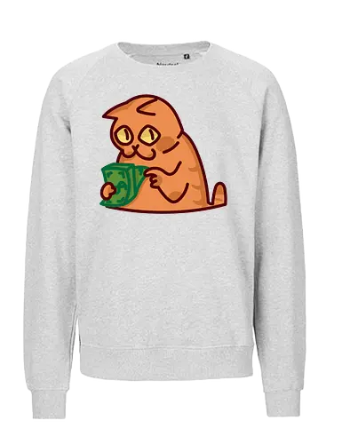 Gato contando dinero - Gato, Animal, Amarillo, Verde, Gatito, Efectivo, Dinero, Gatos, Naranja, Gato lindo, Diseño, Contando, Rico, Arte de fan, Felino, Jardín, Gato de jugo, Facturas - Fairtrade Sweatshirt