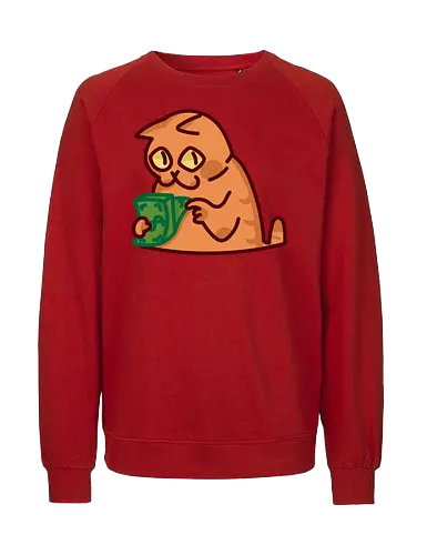 Gato contando dinero - Gato, Animal, Amarillo, Verde, Gatito, Efectivo, Dinero, Gatos, Naranja, Gato lindo, Diseño, Contando, Rico, Arte de fan, Felino, Jardín, Gato de jugo, Facturas - Fairtrade Sweatshirt