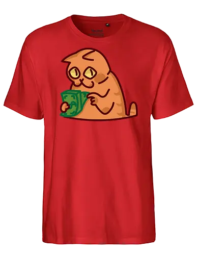 Gato contando dinero - Gato, Animal, Amarillo, Verde, Gatito, Efectivo, Dinero, Gatos, Naranja, Gato lindo, Diseño, Contando, Rico, Arte de fan, Felino, Jardín, Gato de jugo, Facturas - Fairtrade T-Shirt