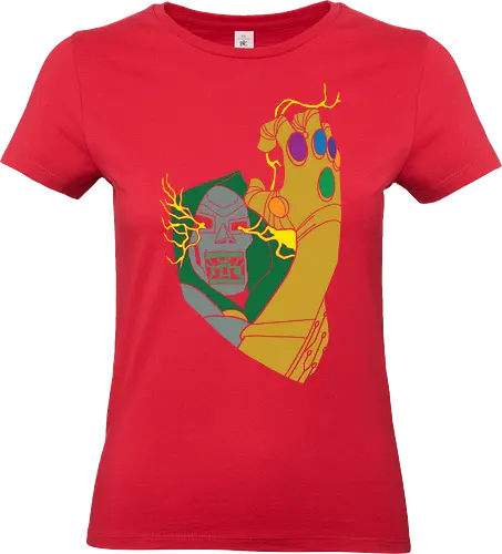 Infinite Power - infinite power shirt, armored villain t-shirt, infinity gauntlet graphic tee, cosmic overlord apparel, metal mask comic design, doctor doom inspired streetwear, magic vs technology clothing, golden gauntlet top, retro comic book art shirt, forest green and gold t-shirt, galactic battle graphic, cosmic gems apparel, legendary antagonist merch, geek culture fashion, vintage comic villain top, universe conqueror clothing, high contrast comic style, sovereign ruler streetwear, power surge graphic tee - Standard T-Shirt (Women)