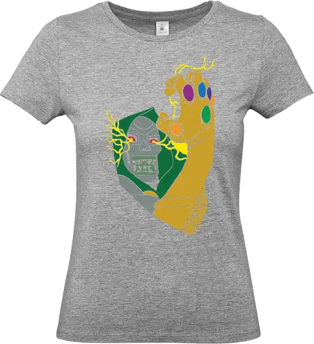 Infinite Power - infinite power shirt, armored villain t-shirt, infinity gauntlet graphic tee, cosmic overlord apparel, metal mask comic design, doctor doom inspired streetwear, magic vs technology clothing, golden gauntlet top, retro comic book art shirt, forest green and gold t-shirt, galactic battle graphic, cosmic gems apparel, legendary antagonist merch, geek culture fashion, vintage comic villain top, universe conqueror clothing, high contrast comic style, sovereign ruler streetwear, power surge graphic tee - Standard T-Shirt (Women)