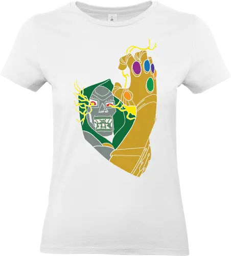 Infinite Power - infinite power shirt, armored villain t-shirt, infinity gauntlet graphic tee, cosmic overlord apparel, metal mask comic design, doctor doom inspired streetwear, magic vs technology clothing, golden gauntlet top, retro comic book art shirt, forest green and gold t-shirt, galactic battle graphic, cosmic gems apparel, legendary antagonist merch, geek culture fashion, vintage comic villain top, universe conqueror clothing, high contrast comic style, sovereign ruler streetwear, power surge graphic tee - Standard T-Shirt (Women)