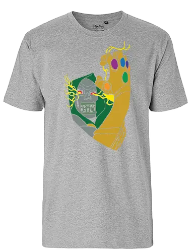 Infinite Power - infinite power shirt, armored villain t-shirt, infinity gauntlet graphic tee, cosmic overlord apparel, metal mask comic design, doctor doom inspired streetwear, magic vs technology clothing, golden gauntlet top, retro comic book art shirt, forest green and gold t-shirt, galactic battle graphic, cosmic gems apparel, legendary antagonist merch, geek culture fashion, vintage comic villain top, universe conqueror clothing, high contrast comic style, sovereign ruler streetwear, power surge graphic tee - Fairtrade T-Shirt