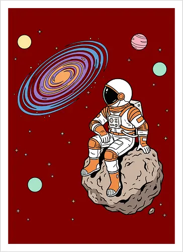 Cosmic Contemplation - astronaut on asteroid shirt, space explorer t-shirt, cosmic galaxy graphic tee, astronaut gazing at stars apparel, retro sci-fi space design, astronomy lover gift, aesthetic celestial streetwear, orange and purple galaxy art, outer space adventure clothing, minimalist astronaut top, planetary exploration t-shirt, gift for science geeks, space suit graphic tee, floating on an asteroid shirt, cool nasa style apparel, swirling galaxy artwork, dreamer space shirt, cosmic solitude clothing, modern sci-fi fashion - Artprint