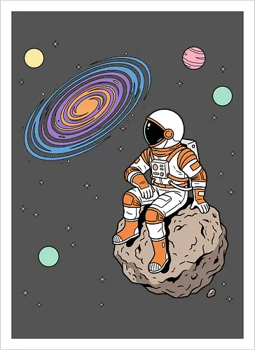 Cosmic Contemplation - astronaut on asteroid shirt, space explorer t-shirt, cosmic galaxy graphic tee, astronaut gazing at stars apparel, retro sci-fi space design, astronomy lover gift, aesthetic celestial streetwear, orange and purple galaxy art, outer space adventure clothing, minimalist astronaut top, planetary exploration t-shirt, gift for science geeks, space suit graphic tee, floating on an asteroid shirt, cool nasa style apparel, swirling galaxy artwork, dreamer space shirt, cosmic solitude clothing, modern sci-fi fashion - Artprint