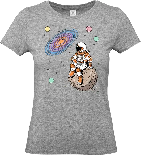 Cosmic Contemplation - astronaut on asteroid shirt, space explorer t-shirt, cosmic galaxy graphic tee, astronaut gazing at stars apparel, retro sci-fi space design, astronomy lover gift, aesthetic celestial streetwear, orange and purple galaxy art, outer space adventure clothing, minimalist astronaut top, planetary exploration t-shirt, gift for science geeks, space suit graphic tee, floating on an asteroid shirt, cool nasa style apparel, swirling galaxy artwork, dreamer space shirt, cosmic solitude clothing, modern sci-fi fashion - Standard T-Shirt (Women)