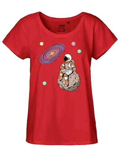 Cosmic Contemplation - astronaut on asteroid shirt, space explorer t-shirt, cosmic galaxy graphic tee, astronaut gazing at stars apparel, retro sci-fi space design, astronomy lover gift, aesthetic celestial streetwear, orange and purple galaxy art, outer space adventure clothing, minimalist astronaut top, planetary exploration t-shirt, gift for science geeks, space suit graphic tee, floating on an asteroid shirt, cool nasa style apparel, swirling galaxy artwork, dreamer space shirt, cosmic solitude clothing, modern sci-fi fashion - Fairtrade Girl Shirt