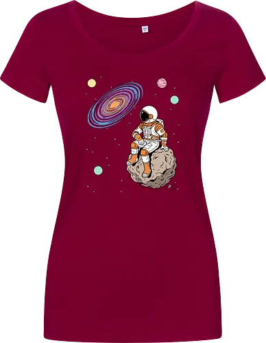 Cosmic Contemplation - astronaut on asteroid shirt, space explorer t-shirt, cosmic galaxy graphic tee, astronaut gazing at stars apparel, retro sci-fi space design, astronomy lover gift, aesthetic celestial streetwear, orange and purple galaxy art, outer space adventure clothing, minimalist astronaut top, planetary exploration t-shirt, gift for science geeks, space suit graphic tee, floating on an asteroid shirt, cool nasa style apparel, swirling galaxy artwork, dreamer space shirt, cosmic solitude clothing, modern sci-fi fashion - Women T-Shirt