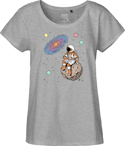 Cosmic Contemplation - astronaut on asteroid shirt, space explorer t-shirt, cosmic galaxy graphic tee, astronaut gazing at stars apparel, retro sci-fi space design, astronomy lover gift, aesthetic celestial streetwear, orange and purple galaxy art, outer space adventure clothing, minimalist astronaut top, planetary exploration t-shirt, gift for science geeks, space suit graphic tee, floating on an asteroid shirt, cool nasa style apparel, swirling galaxy artwork, dreamer space shirt, cosmic solitude clothing, modern sci-fi fashion - Fairtrade Girl Shirt
