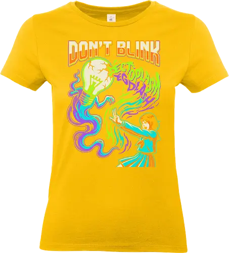 Retro Paranormal Anime Girl - don't blink shirt, ectoplasm splash t-shirt, supernatural anime girl graphic tee, psychic exorcist apparel, ghost hunting design, retro 90s anime clothing, neon paranormal streetwear, lightbulb ghost t-shirt, aesthetic anime girl top, vibrant occult merch, japanese supernatural fashion, schoolgirl exorcist shirt, bold typography anime tee, psychic battle apparel, vintage halftone graphic, creepy cute anime art, neon green and purple clothing, mystery anime streetwear, spirit summoner t-shirt - Standard T-Shirt (Women)