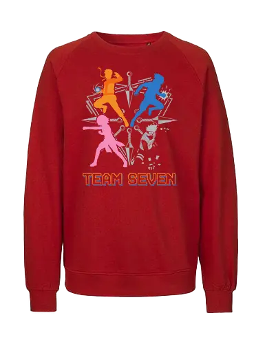 Team Seven Retro Minimalist Ninja Squad - colorful pop art anime shirt, ninja training gear, legendary squad t-shirt, stylish otaku fashion, team seven shirt, ninja squad t-shirt, hidden leaf village apparel, orange ninja silhouette tee, blue rival graphic shirt, pink kunoichi clothing, silver hair sensei t-shirt, retro anime streetwear, minimalist shonen fan merch, kunai knife design, shinobi bond t-shirt, vibrant anime silhouettes, heroic trio clothing, geometric ninja art, classic manga fan gift - Fairtrade Sweatshirt