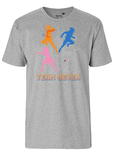 Team Seven Retro Minimalist Ninja Squad - colorful pop art anime shirt, ninja training gear, legendary squad t-shirt, stylish otaku fashion, team seven shirt, ninja squad t-shirt, hidden leaf village apparel, orange ninja silhouette tee, blue rival graphic shirt, pink kunoichi clothing, silver hair sensei t-shirt, retro anime streetwear, minimalist shonen fan merch, kunai knife design, shinobi bond t-shirt, vibrant anime silhouettes, heroic trio clothing, geometric ninja art, classic manga fan gift - Fairtrade T-Shirt