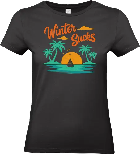 Winter Sucks Retro Sunset - winter, beach, cold, funny, humor, i hate winter, nostalgia, retro, sea, snow, summer, vintage, weather, winter sucks - Standard T-Shirt (Women)