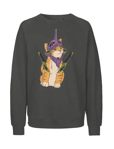 "Mecha Kitty" Neon Genesis Cat - otaku cat lover gift, minimalist anime graphic tee, mecha helmet cat apparel, retro sci-fi anime clothing, cute mecha pilot shirt, mecha kitty shirt, evangelion cat t-shirt, purple mecha cat design, neon genesis feline apparel, unit 01 cat graphic tee, anime cat pilot clothing, ginger tabby mecha art, kawaii mecha streetwear, giant robot cat shirt, purple and green anime top, sci-fi kitten t-shirt, japanese animation cat merch, futuristic feline streetwear, edgy anime cat design - Fairtrade Sweatshirt