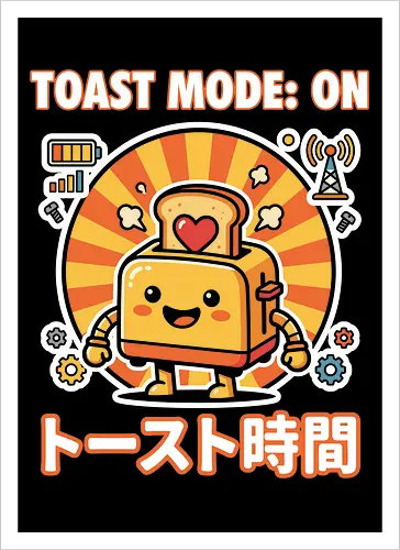 Toast Mode: On Kawaii Toaster Robot Retro Japanese Graphic - toast mode on shirt, kawaii toaster t-shirt, happy kitchen robot graphic tee, japanese breakfast apparel, cute food robot design, retro sun aesthetic clothing, toast mode on top, funny kitchen gadget t-shirt, kawaii kitchenware merch, yellow and orange graphic shirt, japanese typography toaster tee, adorable robot t-shirt, breakfast lover gift, whimsical kitchen art clothing, heart toast graphic, tech-themed kawaii shirt, cheerful robot apparel, unique food character top, sunny morning graphic t-shirt - Artprint