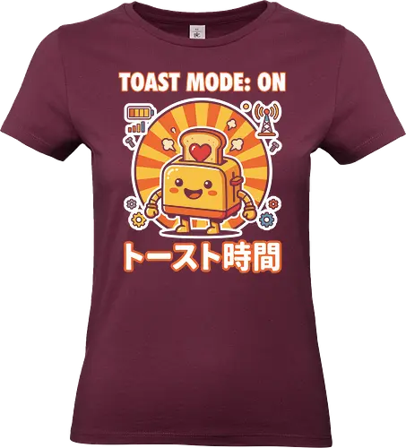 Toast Mode: On Kawaii Toaster Robot Retro Japanese Graphic - toast mode on shirt, kawaii toaster t-shirt, happy kitchen robot graphic tee, japanese breakfast apparel, cute food robot design, retro sun aesthetic clothing, toast mode on top, funny kitchen gadget t-shirt, kawaii kitchenware merch, yellow and orange graphic shirt, japanese typography toaster tee, adorable robot t-shirt, breakfast lover gift, whimsical kitchen art clothing, heart toast graphic, tech-themed kawaii shirt, cheerful robot apparel, unique food character top, sunny morning graphic t-shirt - Standard T-Shirt (Women)