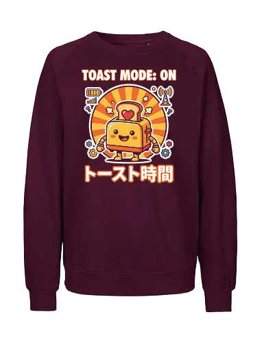 Toast Mode: On Kawaii Toaster Robot Retro Japanese Graphic - toast mode on shirt, kawaii toaster t-shirt, happy kitchen robot graphic tee, japanese breakfast apparel, cute food robot design, retro sun aesthetic clothing, toast mode on top, funny kitchen gadget t-shirt, kawaii kitchenware merch, yellow and orange graphic shirt, japanese typography toaster tee, adorable robot t-shirt, breakfast lover gift, whimsical kitchen art clothing, heart toast graphic, tech-themed kawaii shirt, cheerful robot apparel, unique food character top, sunny morning graphic t-shirt - Fairtrade Sweatshirt