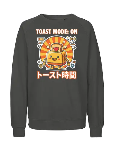 Toast Mode: On Kawaii Toaster Robot Retro Japanese Graphic - toast mode on shirt, kawaii toaster t-shirt, happy kitchen robot graphic tee, japanese breakfast apparel, cute food robot design, retro sun aesthetic clothing, toast mode on top, funny kitchen gadget t-shirt, kawaii kitchenware merch, yellow and orange graphic shirt, japanese typography toaster tee, adorable robot t-shirt, breakfast lover gift, whimsical kitchen art clothing, heart toast graphic, tech-themed kawaii shirt, cheerful robot apparel, unique food character top, sunny morning graphic t-shirt - Fairtrade Sweatshirt